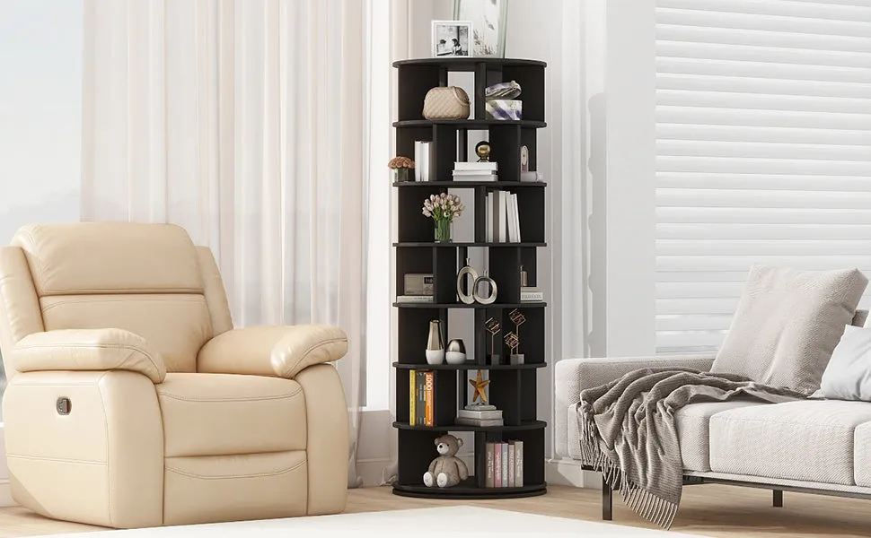 23.6'' Rotating Shoe Rack Tower, 7-Tier Spinning Shelf, 5 Grids Per Layer, 360° Revolving Carousel Organizer, Black