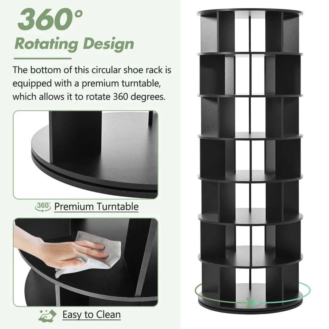 23.6'' Rotating Shoe Rack Tower, 7-Tier Spinning Shelf, 5 Grids Per Layer, 360° Revolving Carousel Organizer, Black