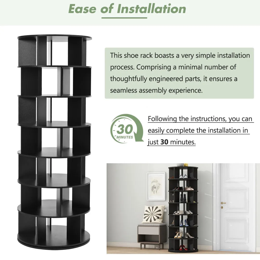 23.6'' Rotating Shoe Rack Tower, 7-Tier Spinning Shelf, 5 Grids Per Layer, 360° Revolving Carousel Organizer, Black