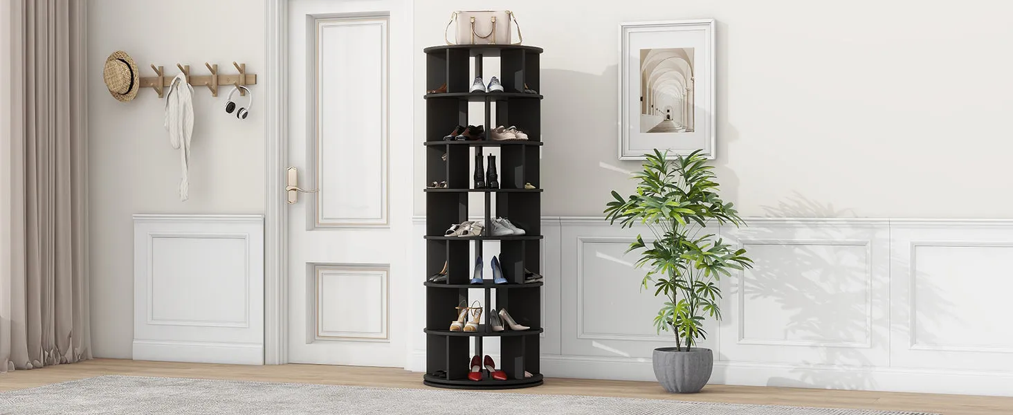 23.6'' Rotating Shoe Rack Tower, 7-Tier Spinning Shelf, 5 Grids Per Layer, 360° Revolving Carousel Organizer, Black