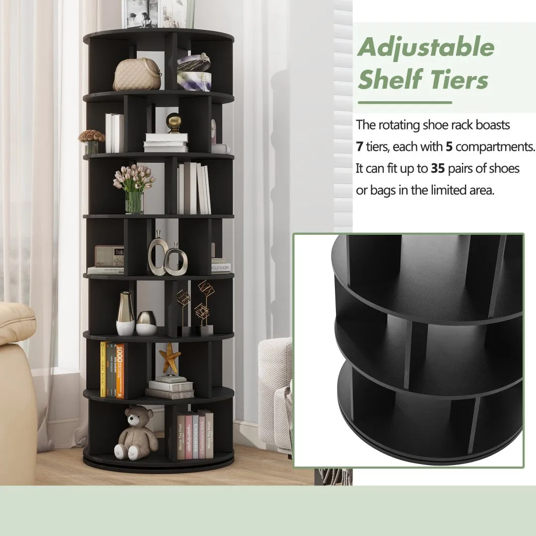 23.6'' Rotating Shoe Rack Tower, 7-Tier Spinning Shelf, 5 Grids Per Layer, 360° Revolving Carousel Organizer, Black