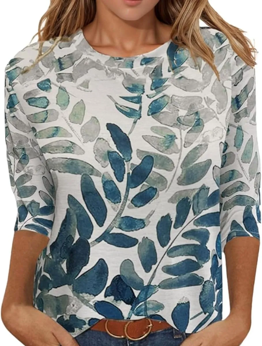 3/4 Sleeve Tops for Women Dressy Casual Blouses Fall Fashion Ethnic Graphic Crew Neck Tunic T Shirts