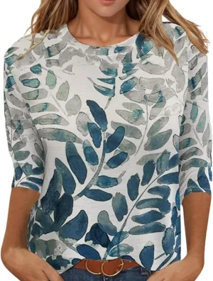 3/4 Sleeve Tops for Women Dressy Casual Blouses Fall Fashion Ethnic Graphic Crew Neck Tunic T Shirts