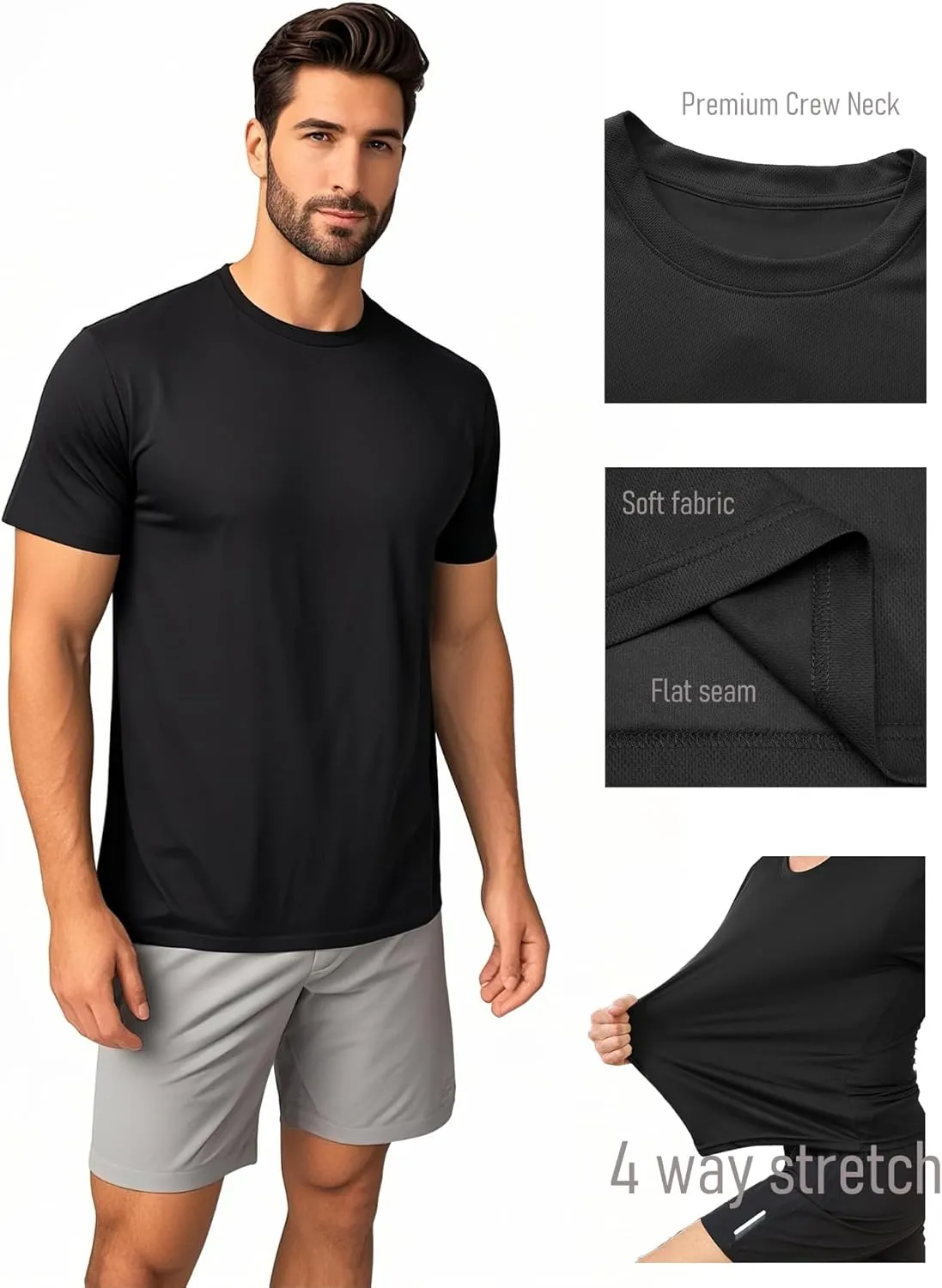5 Pack Mens Athletic Active Quick Dry Crew Neck T Shirts Running Gym Workout Short Sleeve Tee Tops