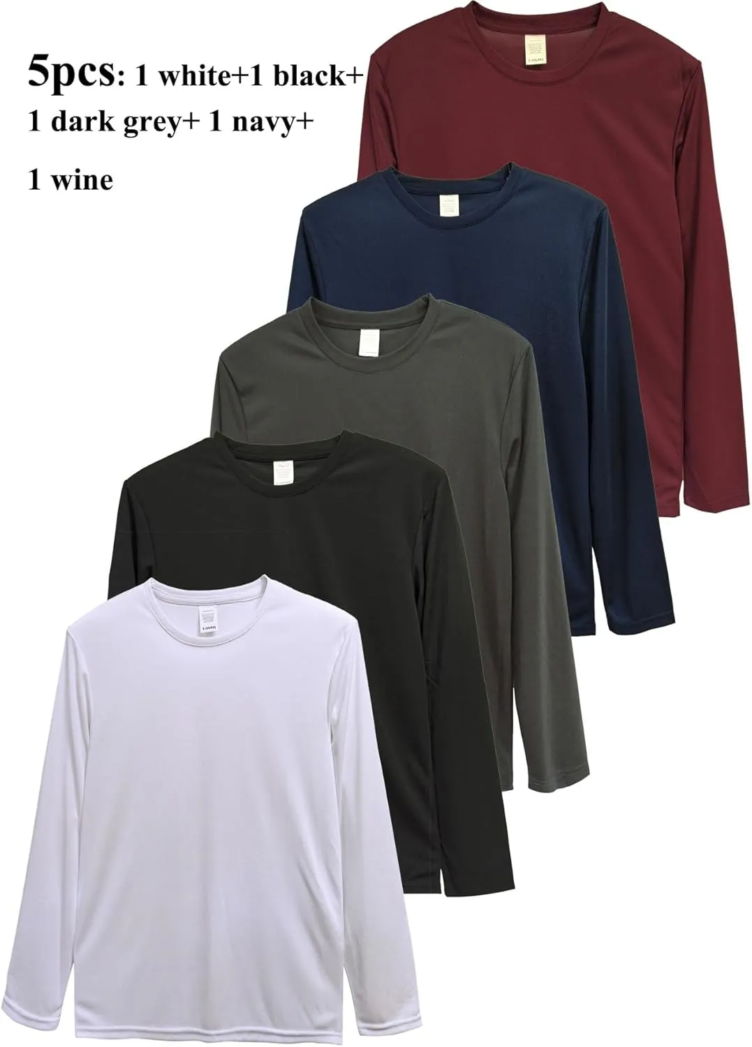 5 Pack Mens Long Sleeve T Shirts Lightweight Sport Casual Tee Running Cycling Fishing UV Protection Quick Dry Tshirts Tops