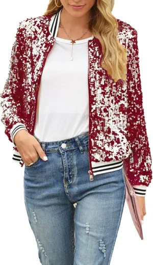 ACEFAST INC Women's Shiny Sparkle Sequins Long Sleeve Zip Blazer Halloween Party Bomber Jacket