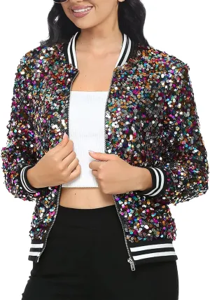 ACEFAST INC Women's Shiny Sparkle Sequins Long Sleeve Zip Blazer Halloween Party Bomber Jacket