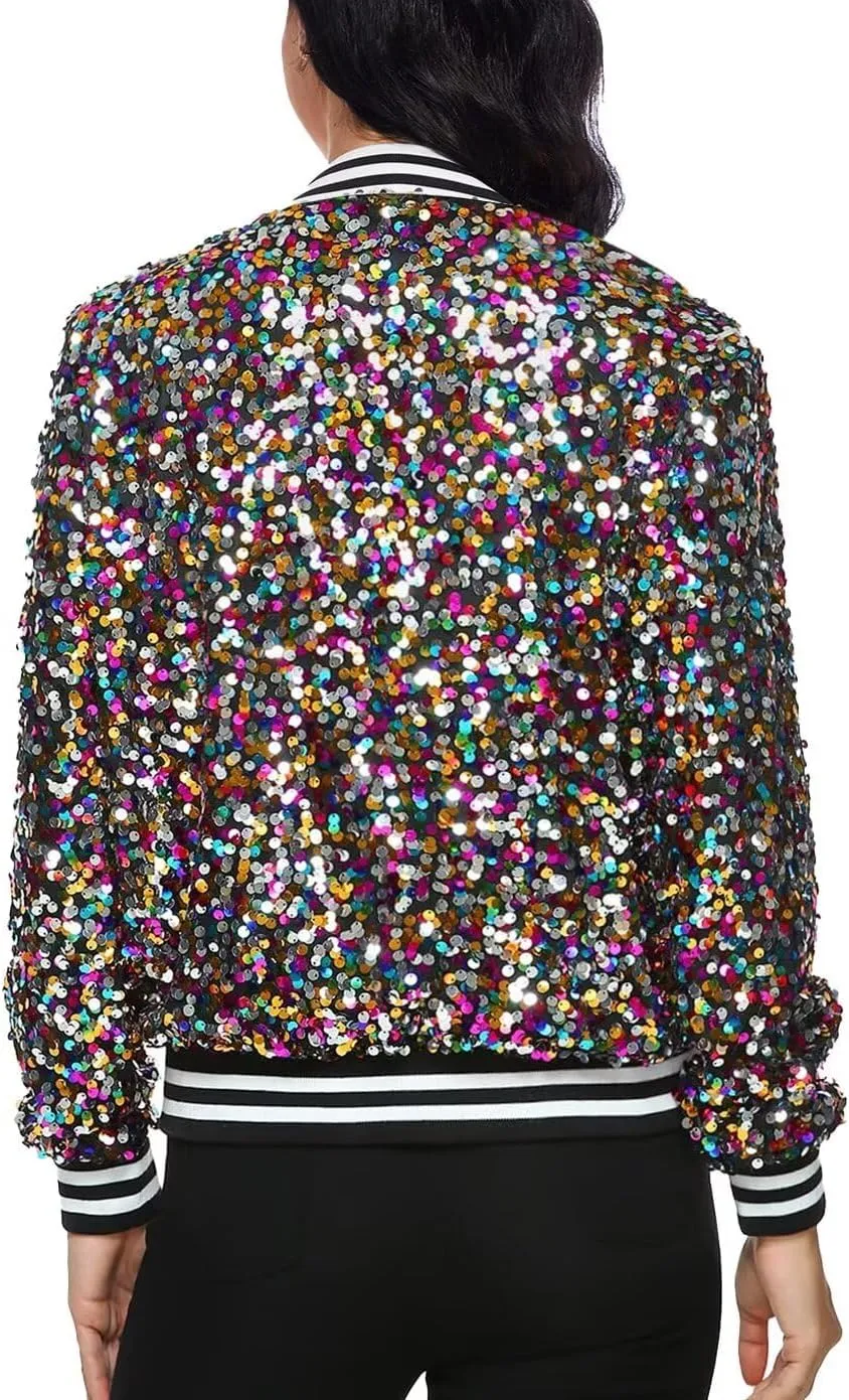 ACEFAST INC Women's Shiny Sparkle Sequins Long Sleeve Zip Blazer Halloween Party Bomber Jacket