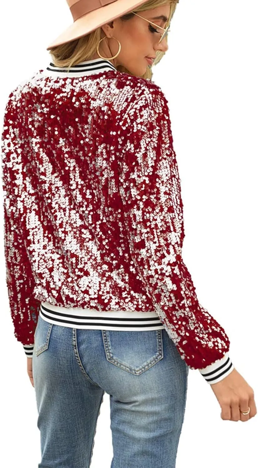 ACEFAST INC Women's Shiny Sparkle Sequins Long Sleeve Zip Blazer Halloween Party Bomber Jacket