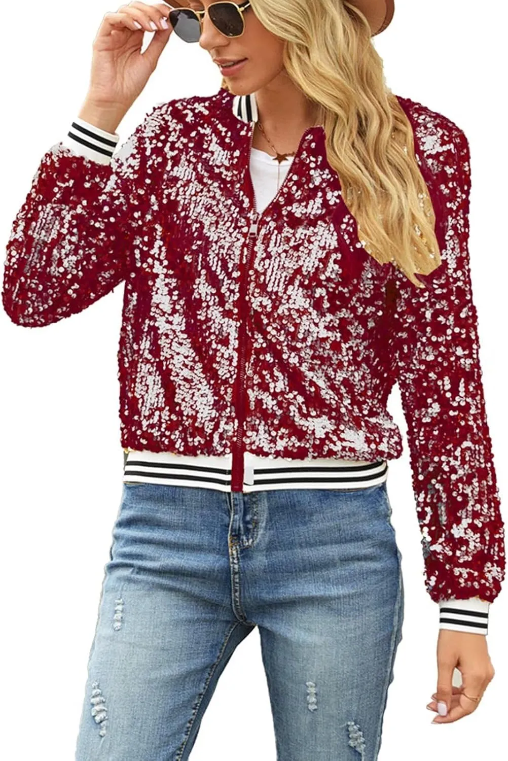 ACEFAST INC Women's Shiny Sparkle Sequins Long Sleeve Zip Blazer Halloween Party Bomber Jacket