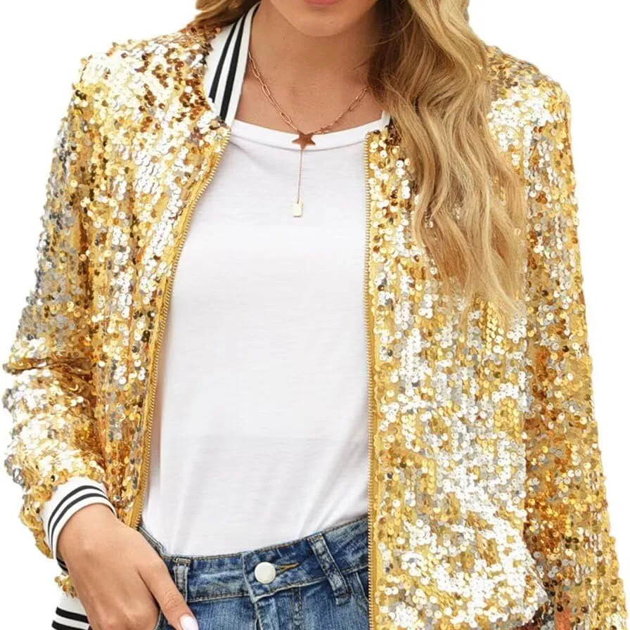ACEFAST INC Women's Shiny Sparkle Sequins Long Sleeve Zip Blazer Halloween Party Bomber Jacket