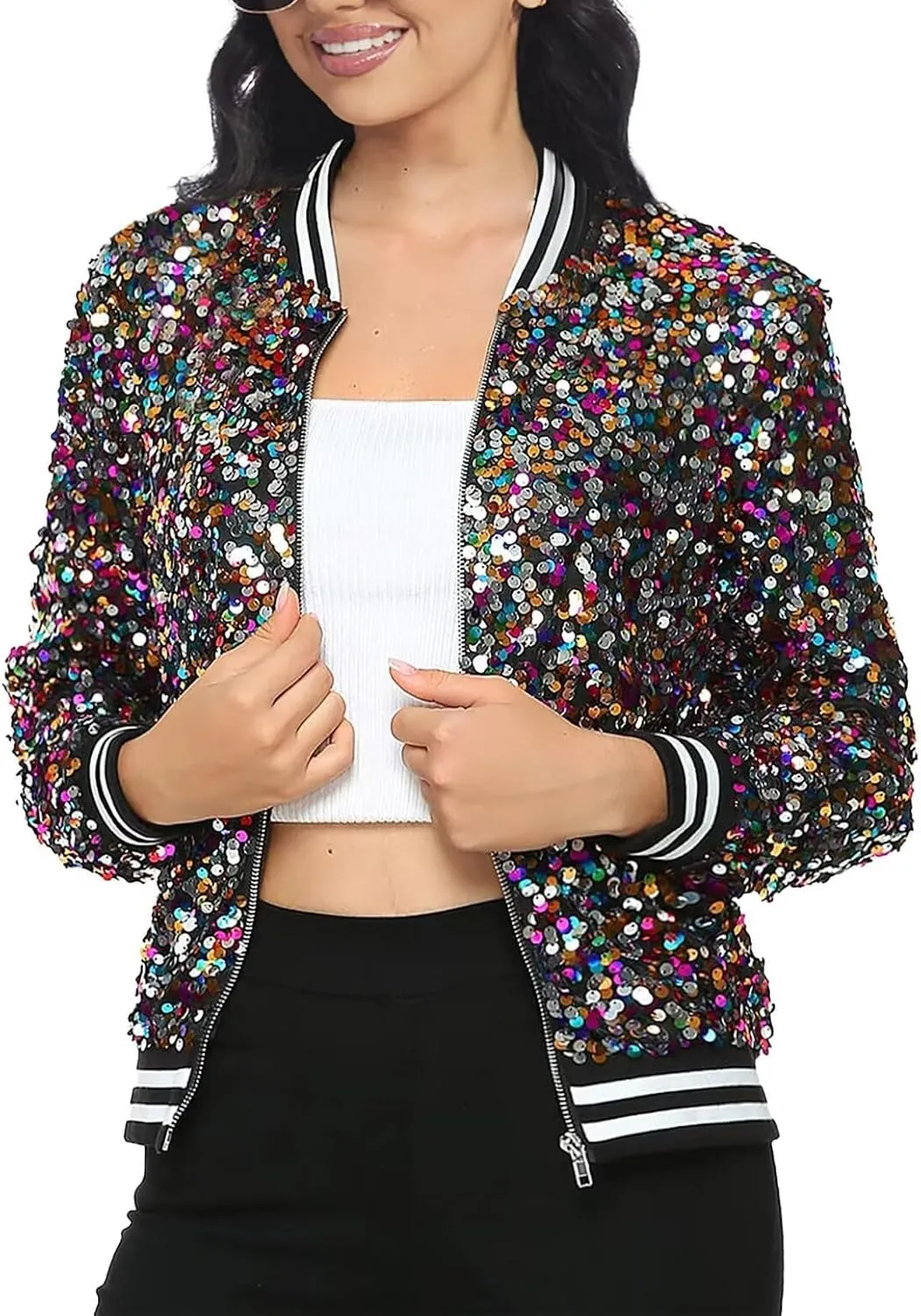 ACEFAST INC Women's Shiny Sparkle Sequins Long Sleeve Zip Blazer Halloween Party Bomber Jacket