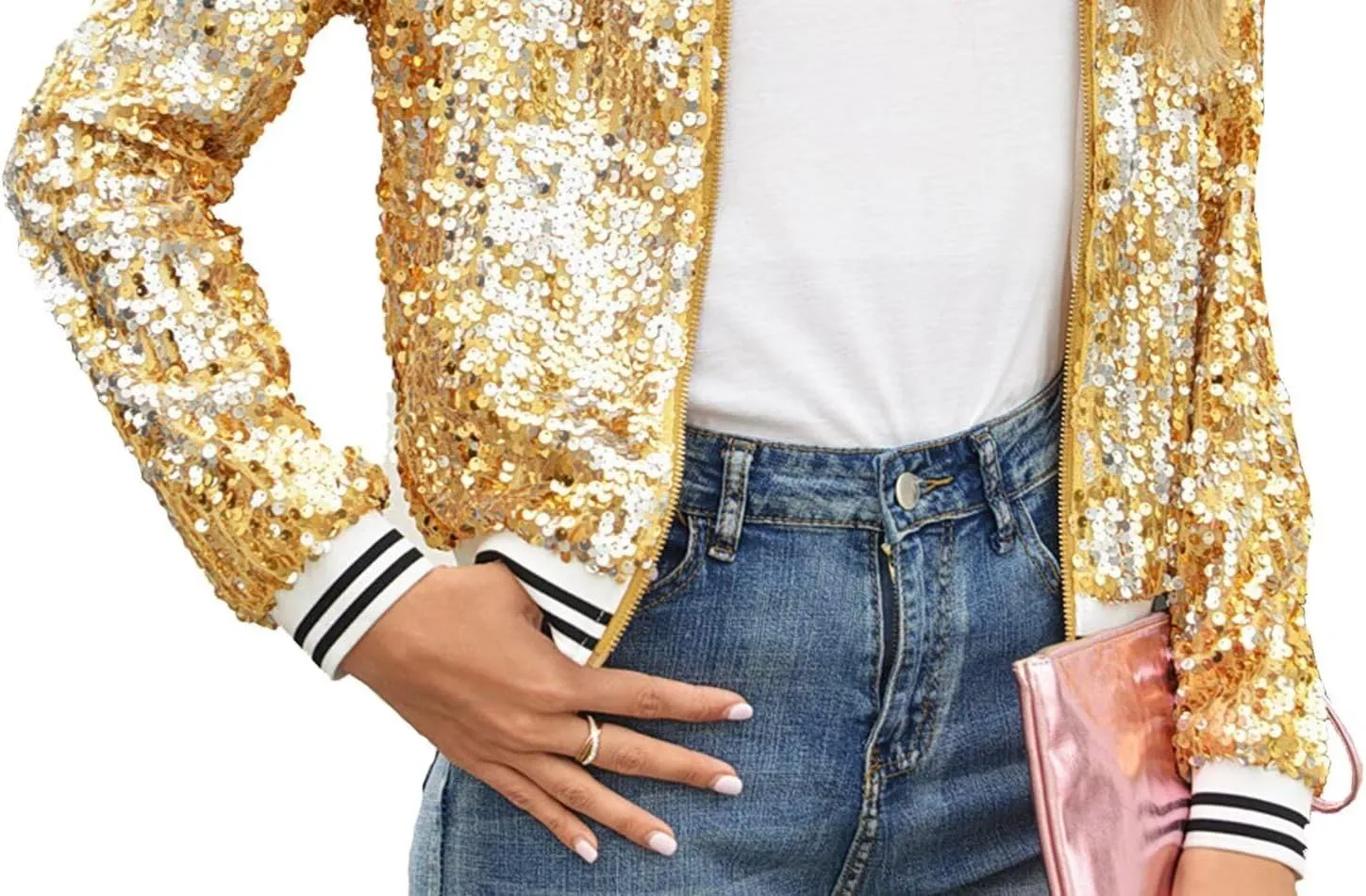 ACEFAST INC Women's Shiny Sparkle Sequins Long Sleeve Zip Blazer Halloween Party Bomber Jacket