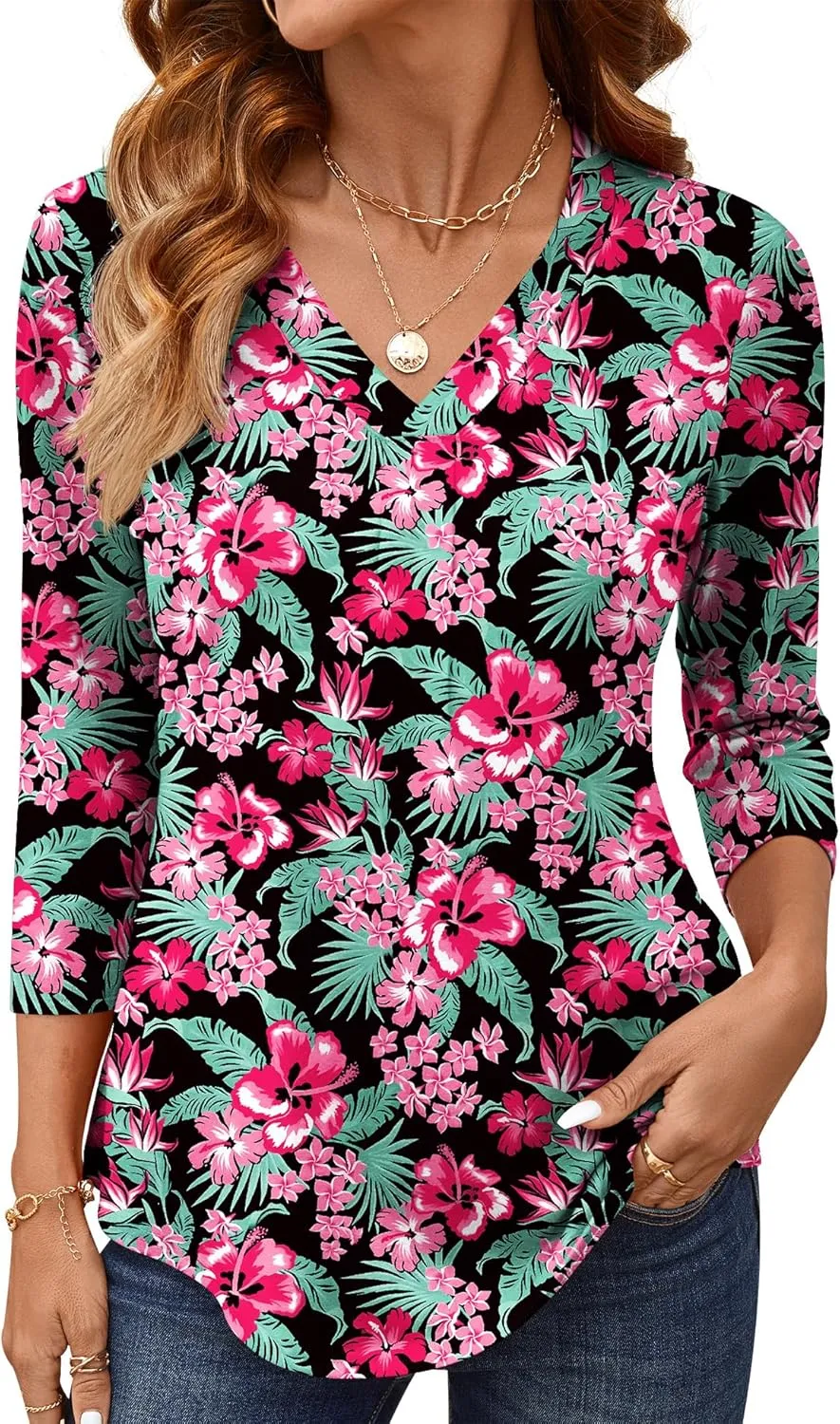 AKEWEI 3/4 Length Sleeve Womens Tops V Neck T Shirts Dressy Casual Basic Summer Tees 2025