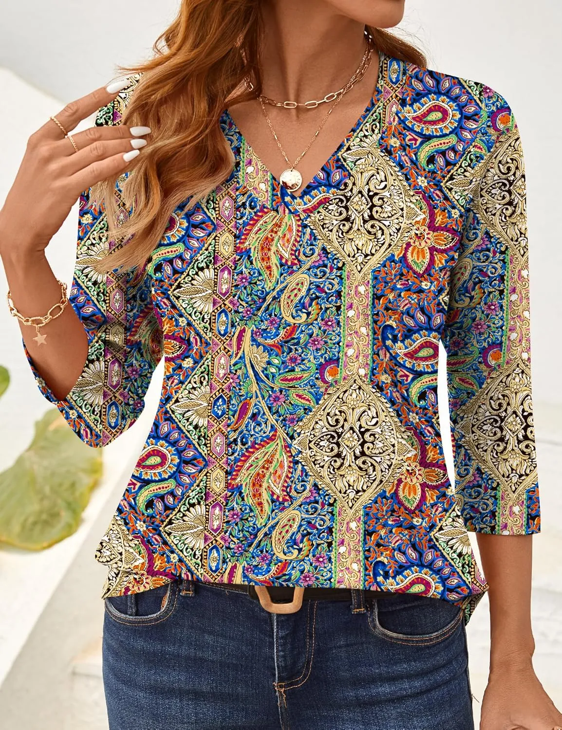 AKEWEI 3/4 Length Sleeve Womens Tops V Neck T Shirts Dressy Casual Basic Summer Tees 2025