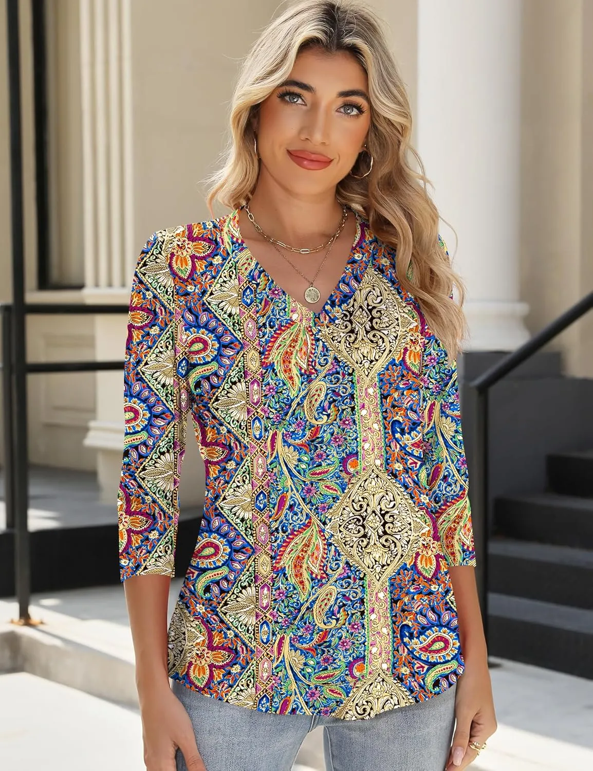 AKEWEI 3/4 Length Sleeve Womens Tops V Neck T Shirts Dressy Casual Basic Summer Tees 2025