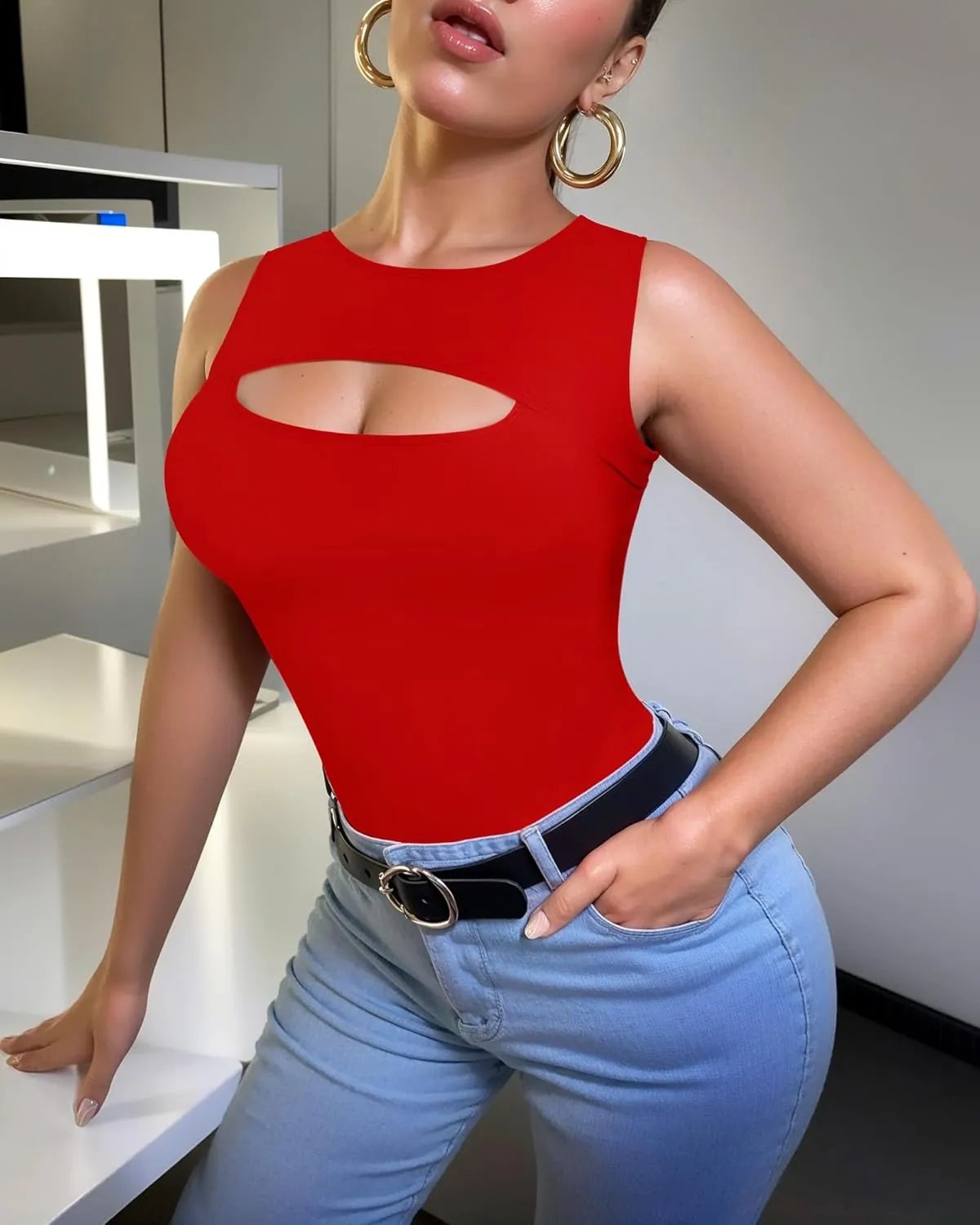 ALGALAROUND Sleeveless Tank Tops for Women Cut Out Front Ribbed Tshirt Crew Neck Casual Shirt