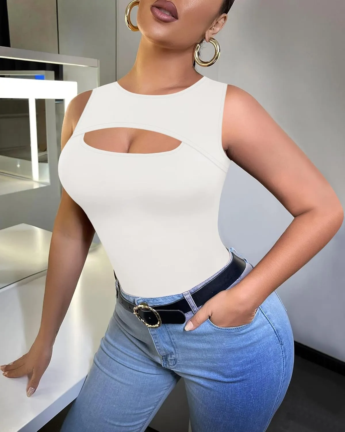ALGALAROUND Sleeveless Tank Tops for Women Cut Out Front Ribbed Tshirt Crew Neck Casual Shirt