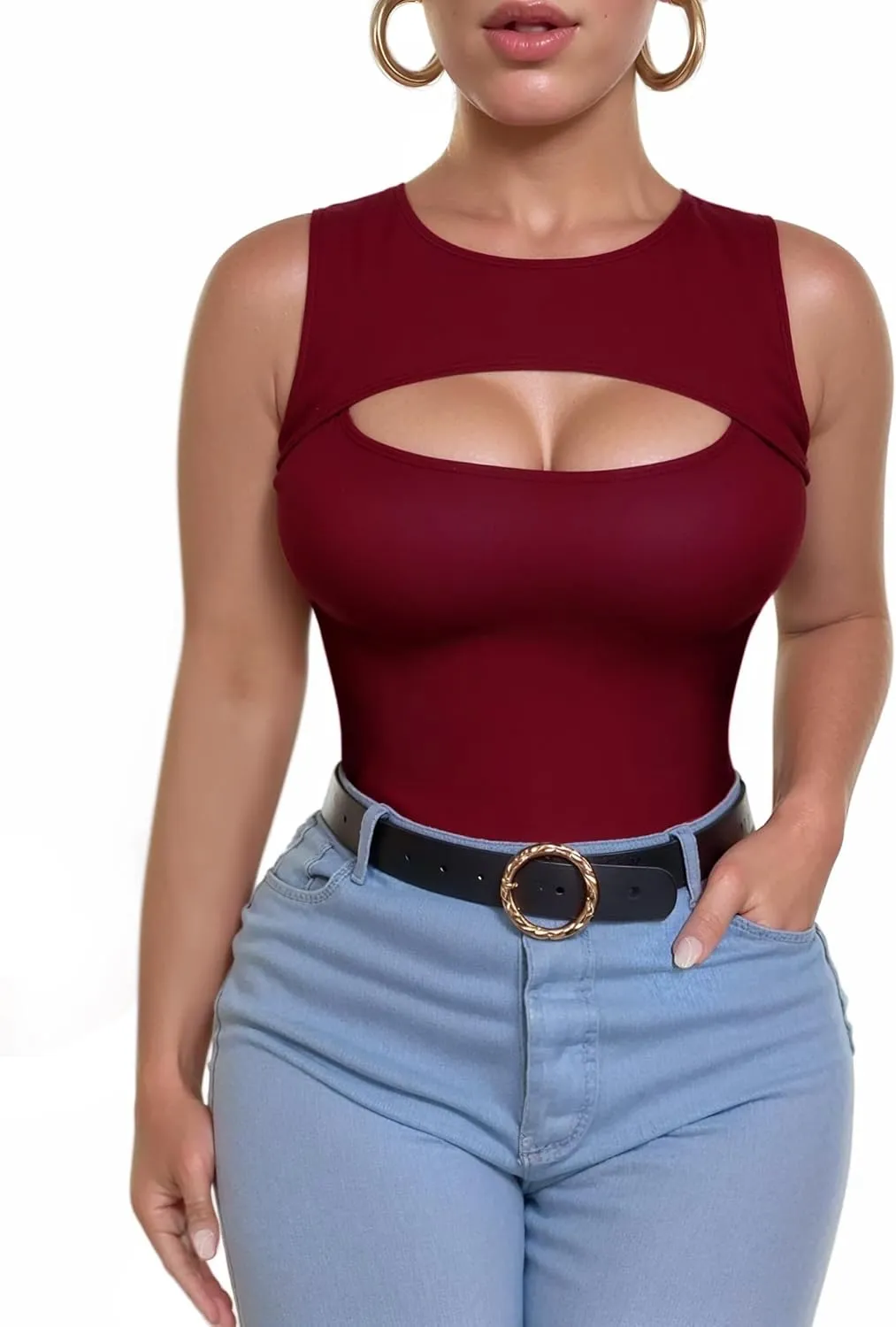 ALGALAROUND Sleeveless Tank Tops for Women Cut Out Front Ribbed Tshirt Crew Neck Casual Shirt