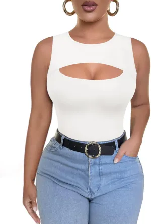 ALGALAROUND Sleeveless Tank Tops for Women Cut Out Front Ribbed Tshirt Crew Neck Casual Shirt