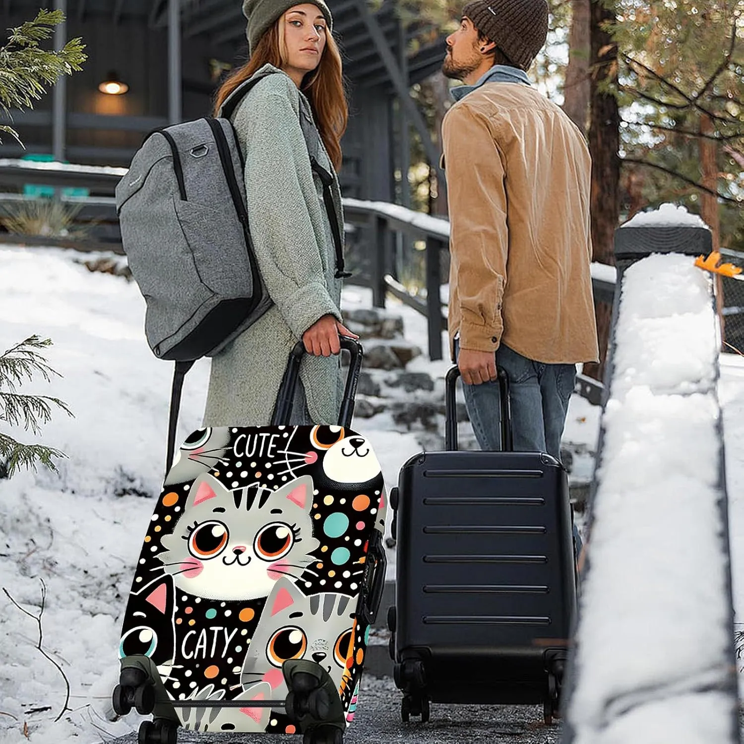 ANNA QUEEN Cute Cat Luggage Cover, Kawaii Cartoon Kitty Suitcase Protector with Colorful Polka Dot Design, Stretchable, Washable Travel Cover for 18-32 Inch Luggage