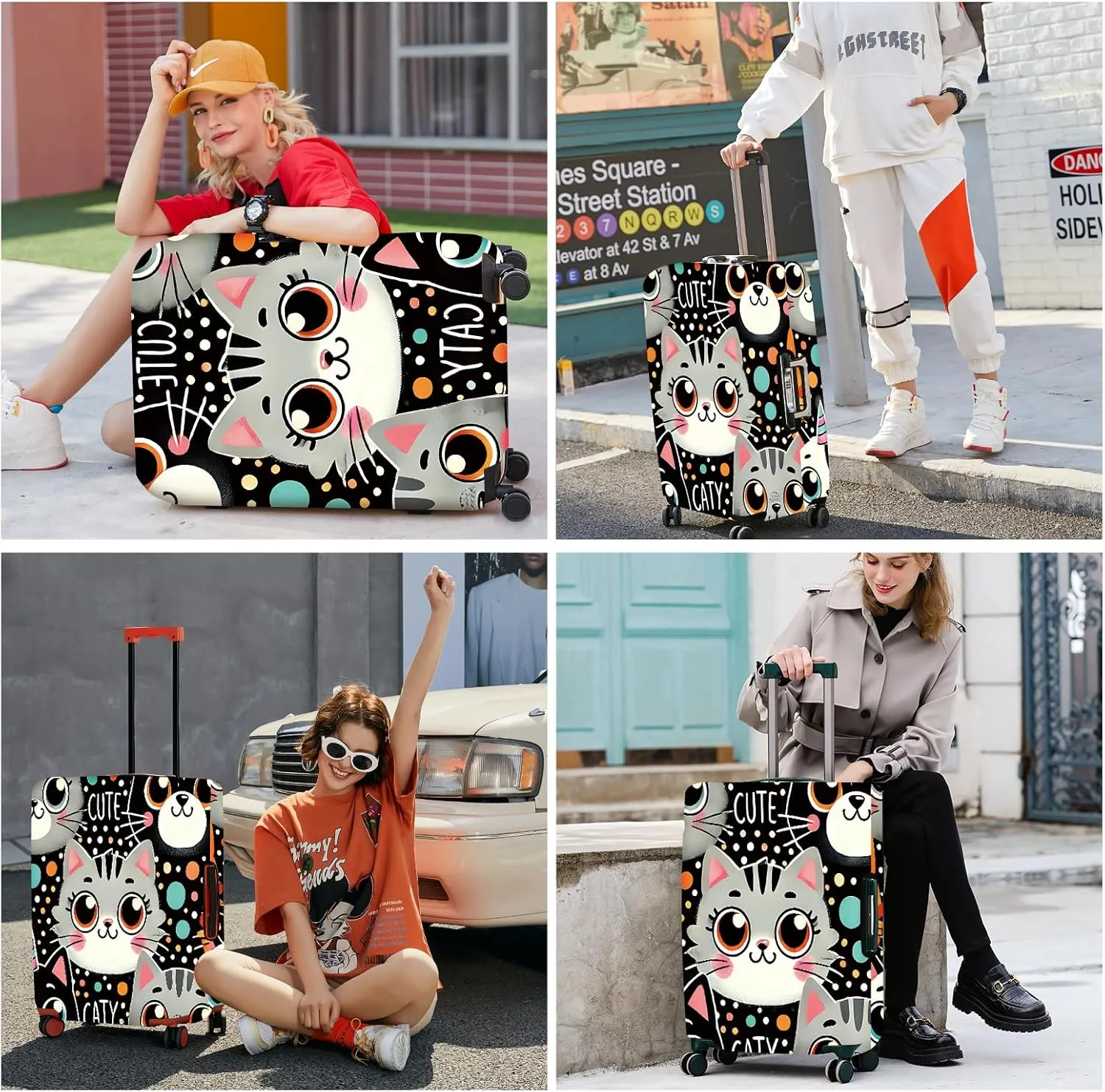 ANNA QUEEN Cute Cat Luggage Cover, Kawaii Cartoon Kitty Suitcase Protector with Colorful Polka Dot Design, Stretchable, Washable Travel Cover for 18-32 Inch Luggage