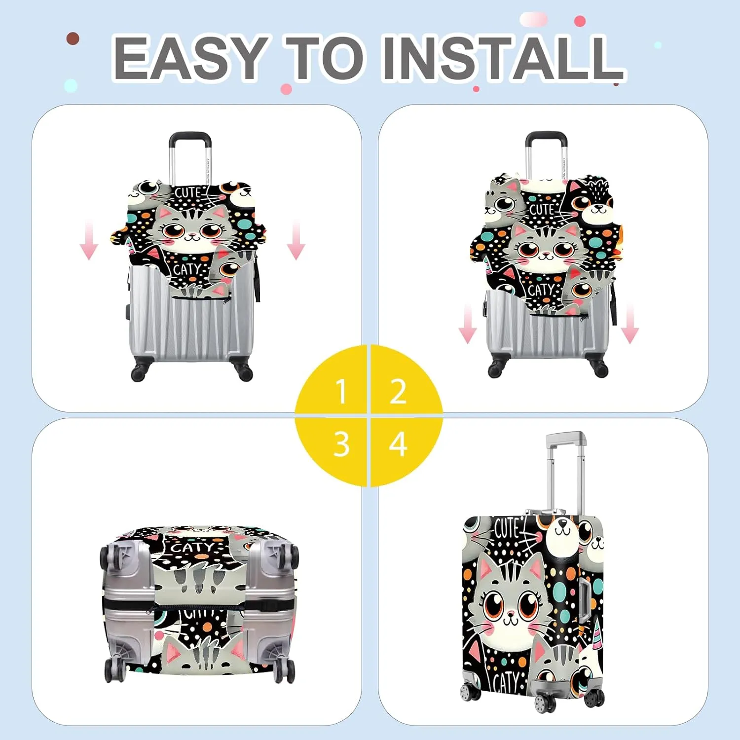 ANNA QUEEN Cute Cat Luggage Cover, Kawaii Cartoon Kitty Suitcase Protector with Colorful Polka Dot Design, Stretchable, Washable Travel Cover for 18-32 Inch Luggage
