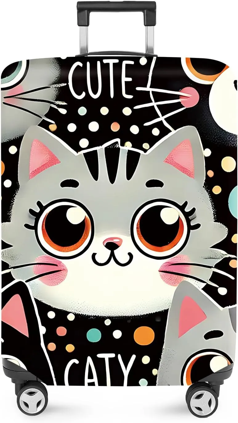 ANNA QUEEN Cute Cat Luggage Cover, Kawaii Cartoon Kitty Suitcase Protector with Colorful Polka Dot Design, Stretchable, Washable Travel Cover for 18-32 Inch Luggage