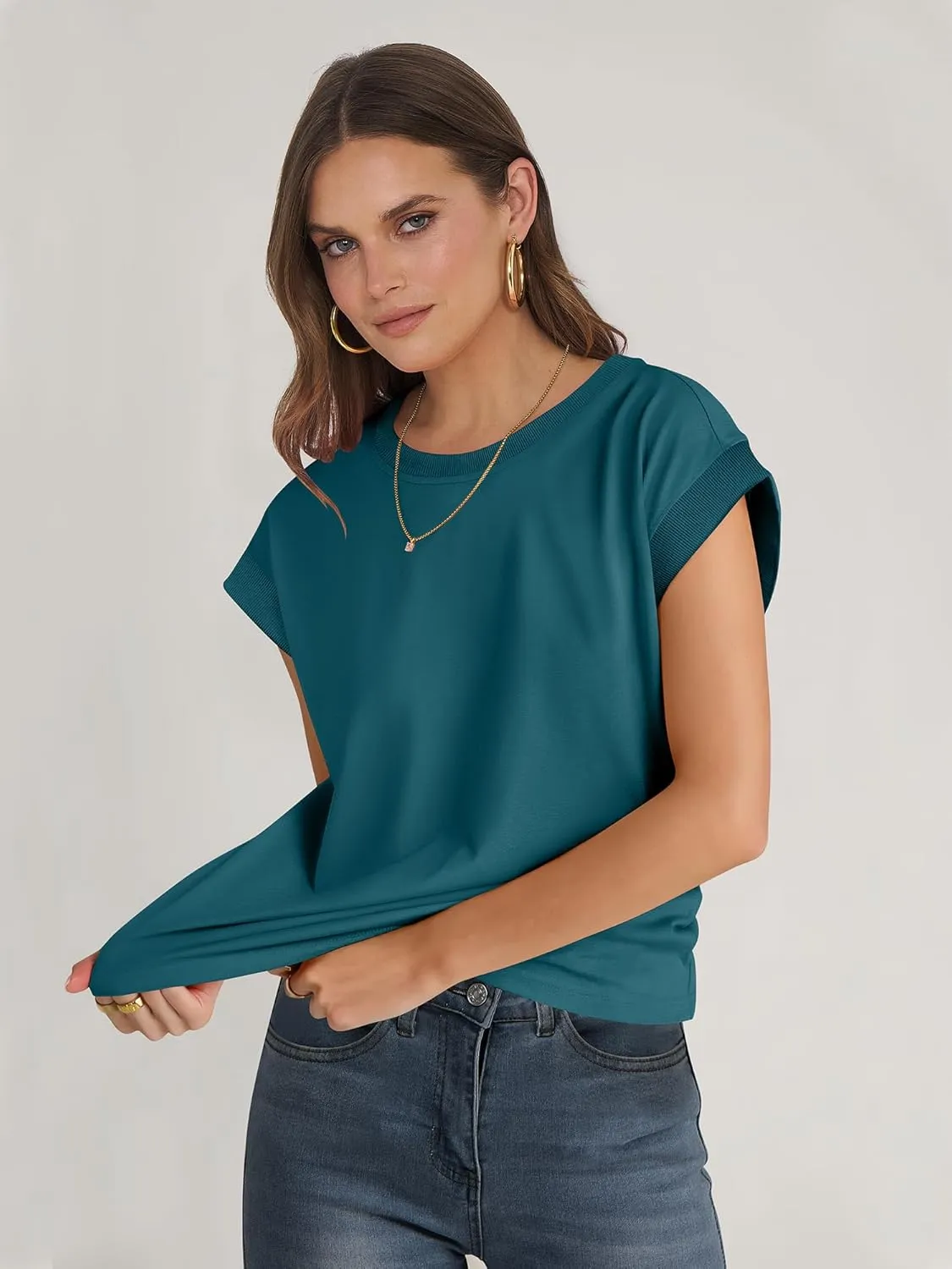 ANRABESS Women Cap Sleeve Tops 2025 Trendy Summer Loose Fit Cute Basic T Shirts Business Dressy Casual Outfits Clothes