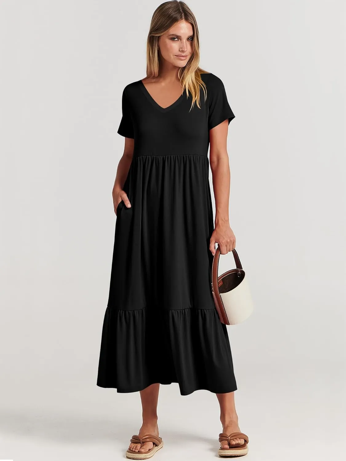 ANRABESS Women's Summer Casual Short Sleeve T Shirts Maxi Dress Flowy V Neck Tiered Beach Vacation Sundress 2025 Outfits