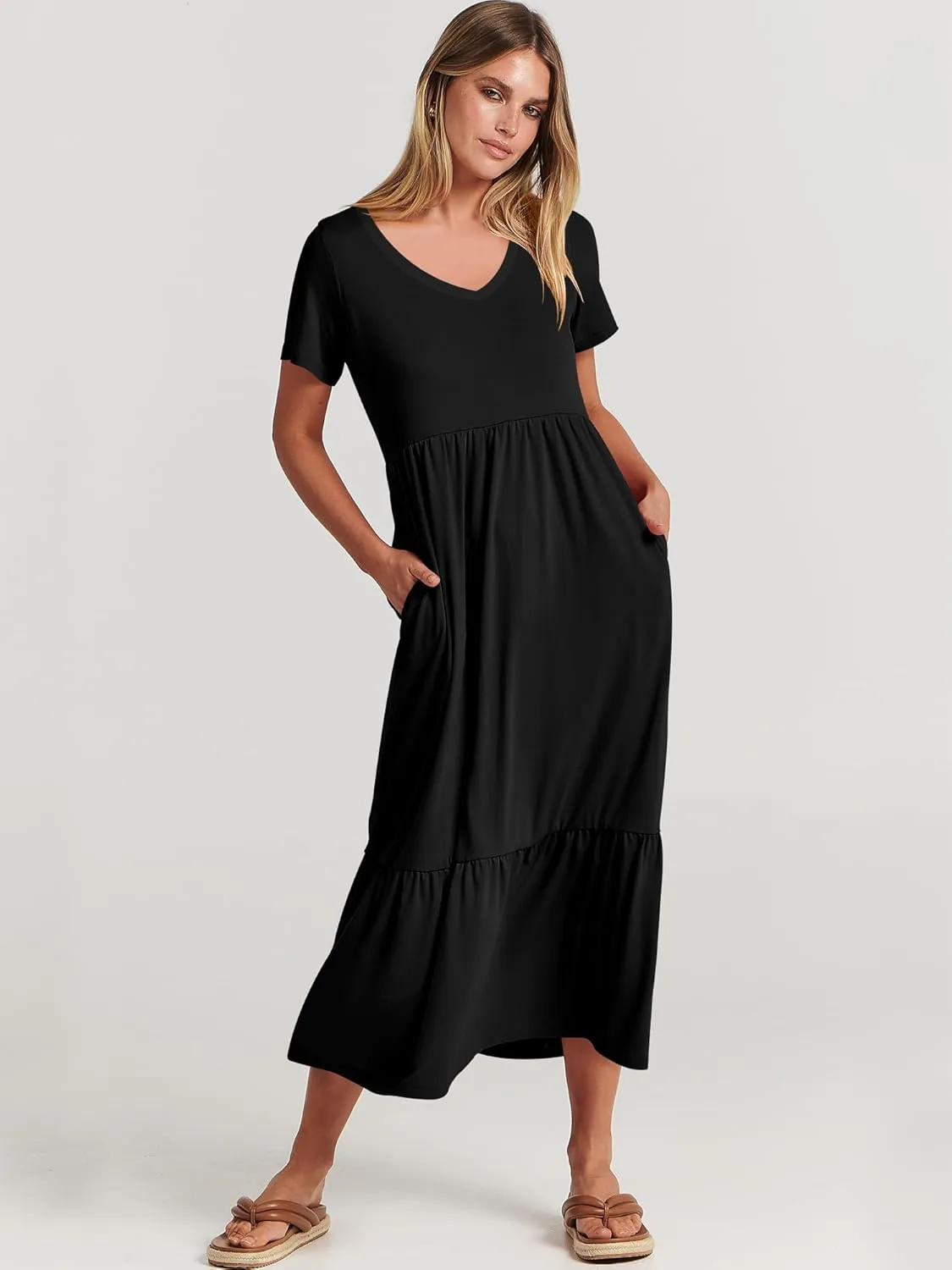 ANRABESS Women's Summer Casual Short Sleeve T Shirts Maxi Dress Flowy V Neck Tiered Beach Vacation Sundress 2025 Outfits