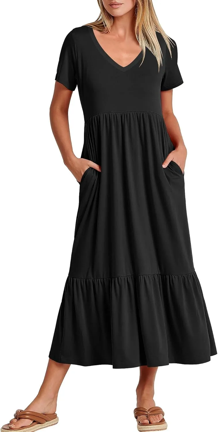 ANRABESS Women's Summer Casual Short Sleeve T Shirts Maxi Dress Flowy V Neck Tiered Beach Vacation Sundress 2025 Outfits