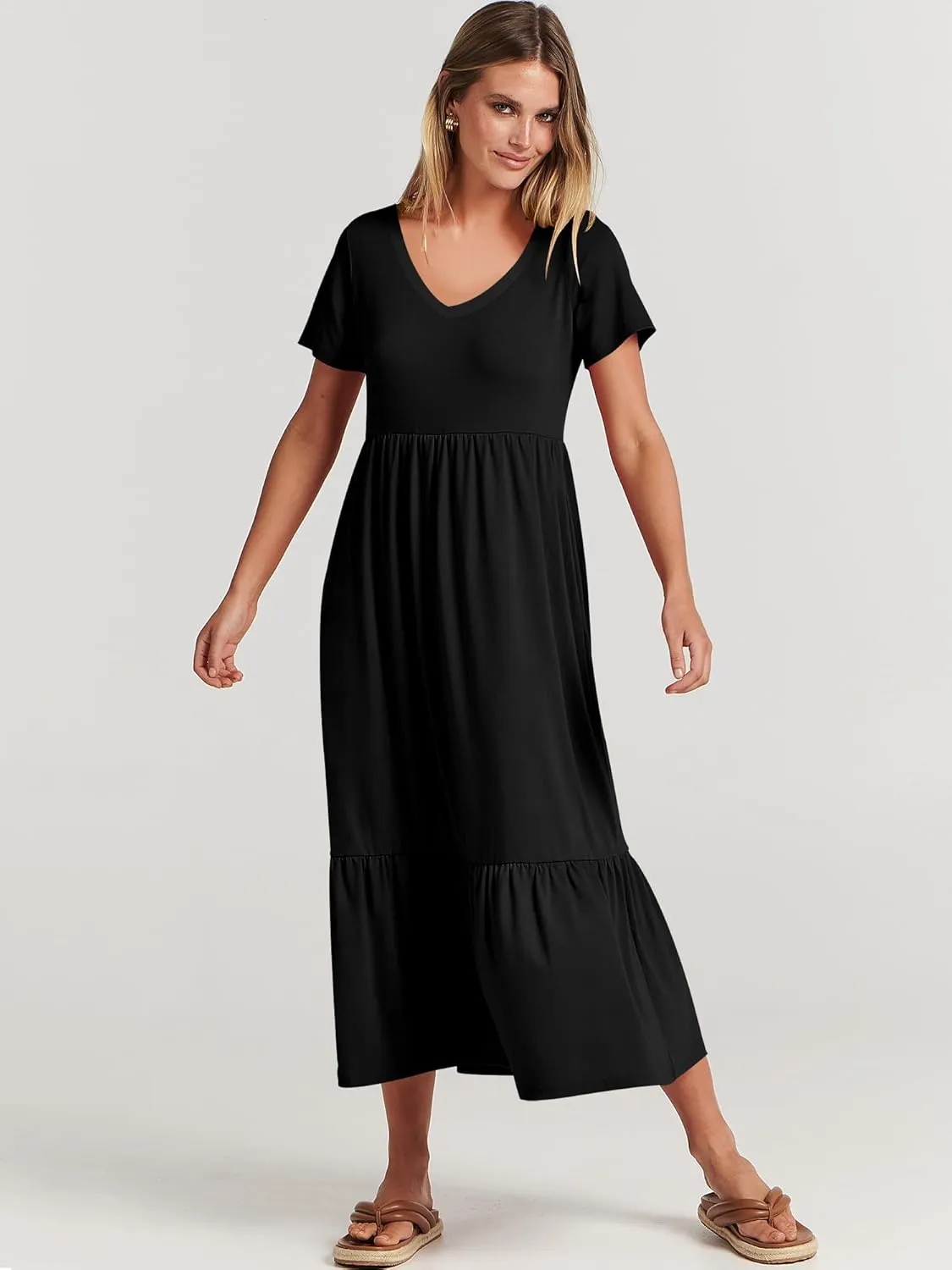 ANRABESS Women's Summer Casual Short Sleeve T Shirts Maxi Dress Flowy V Neck Tiered Beach Vacation Sundress 2025 Outfits