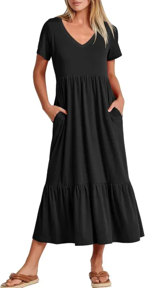 ANRABESS Women's Summer Casual Short Sleeve T Shirts Maxi Dress Flowy V Neck Tiered Beach Vacation Sundress 2025 Outfits