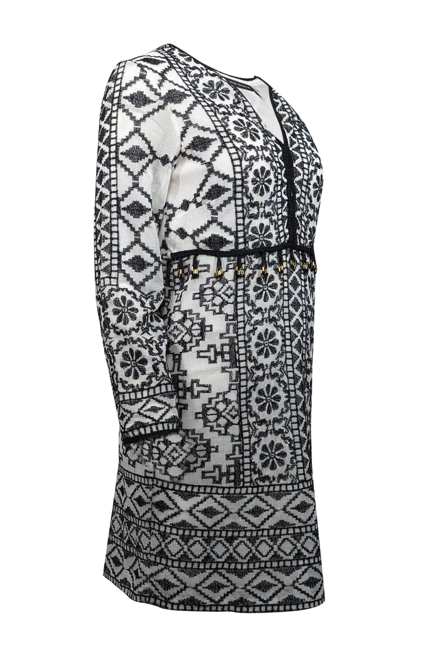 Antik Batik - Cream & Black Embroidered Mini Dress w/ Beaded Accent Sz S