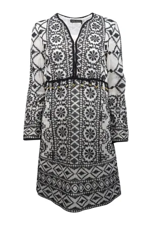 Antik Batik - Cream & Black Embroidered Mini Dress w/ Beaded Accent Sz S