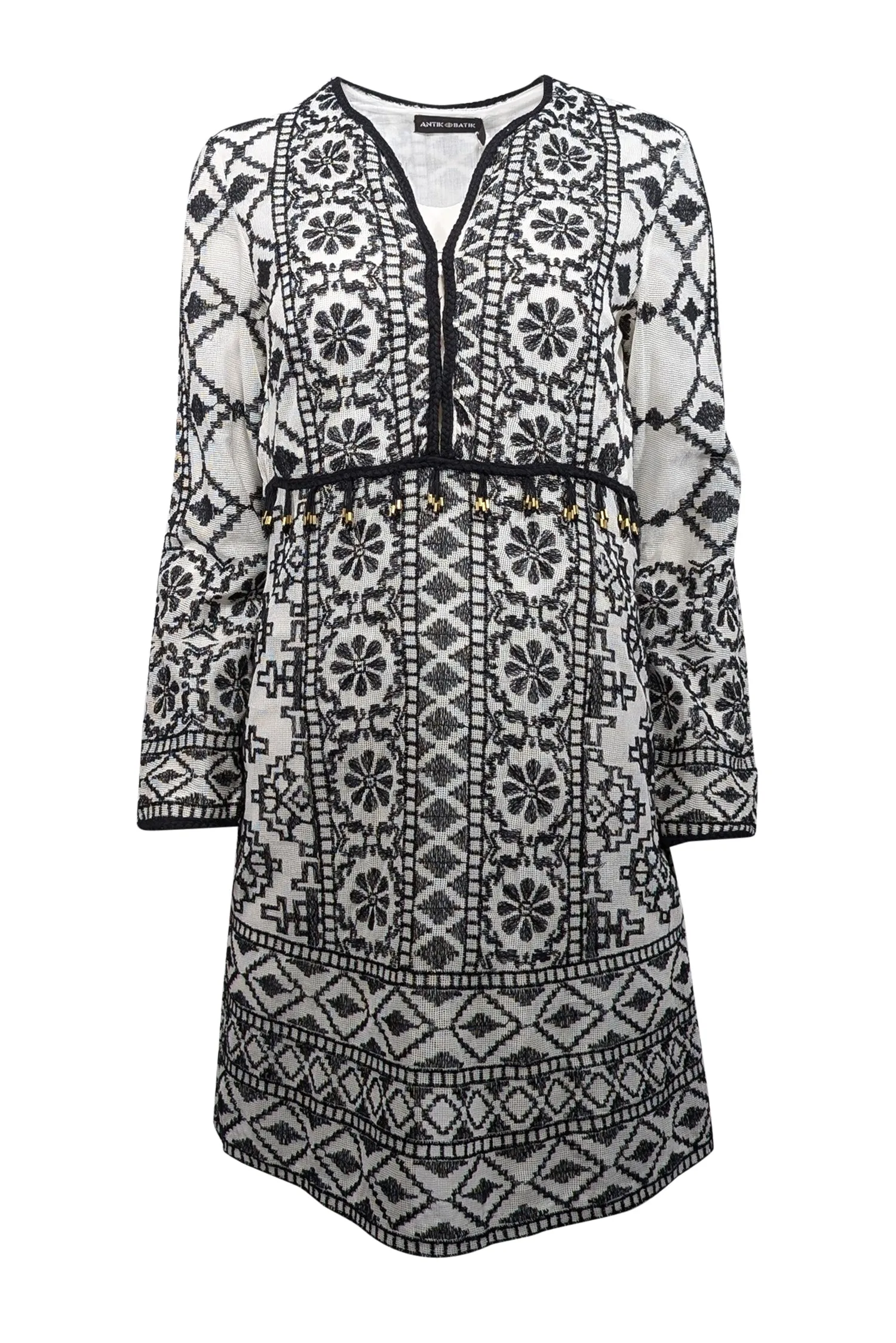 Antik Batik - Cream & Black Embroidered Mini Dress w/ Beaded Accent Sz S
