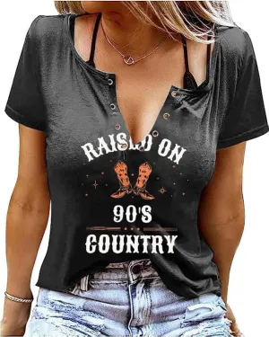 ASTANFY Raised on 90s Country Shirt Womens Vintage Concert Outfits Casual Country Music Graphic Tees Tops