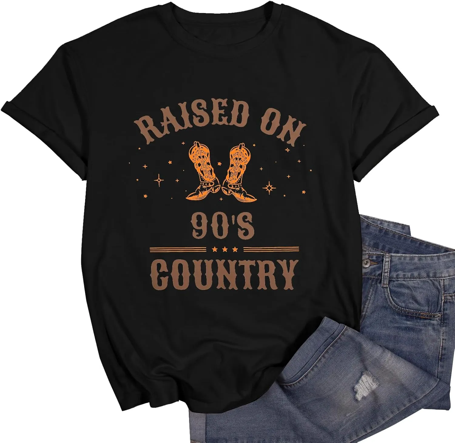 ASTANFY Raised on 90s Country Shirt Womens Vintage Concert Outfits Casual Country Music Graphic Tees Tops
