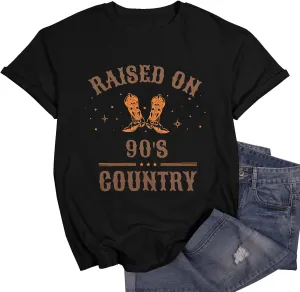 ASTANFY Raised on 90s Country Shirt Womens Vintage Concert Outfits Casual Country Music Graphic Tees Tops
