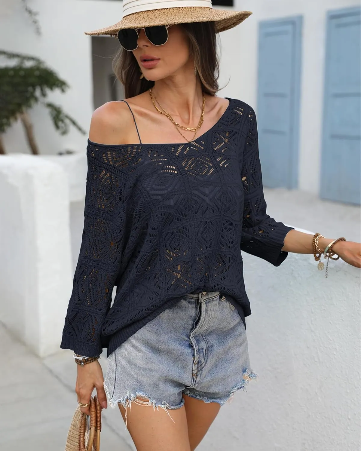 ATHMILE Women's 2025 Spring Summer Crochet Hollow Out 3/4 Sleeve Pullover Sweater Off Shoulder T-Shirts