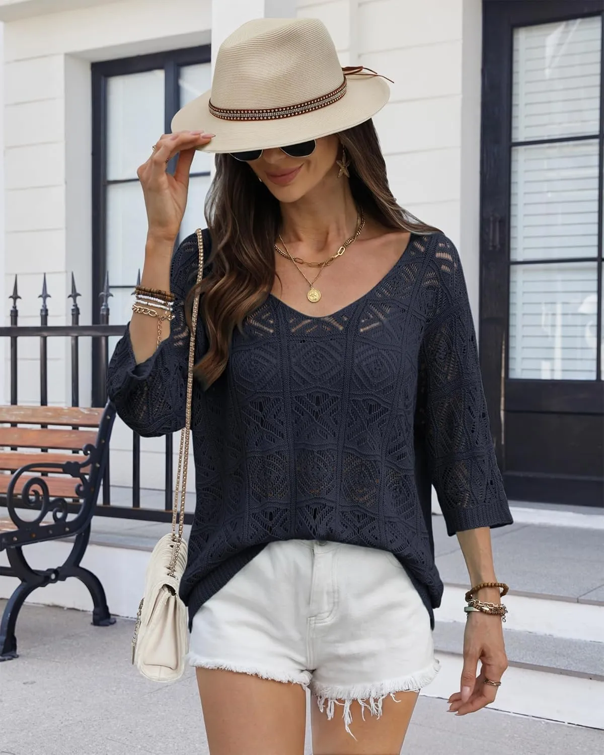 ATHMILE Women's 2025 Spring Summer Crochet Hollow Out 3/4 Sleeve Pullover Sweater Off Shoulder T-Shirts