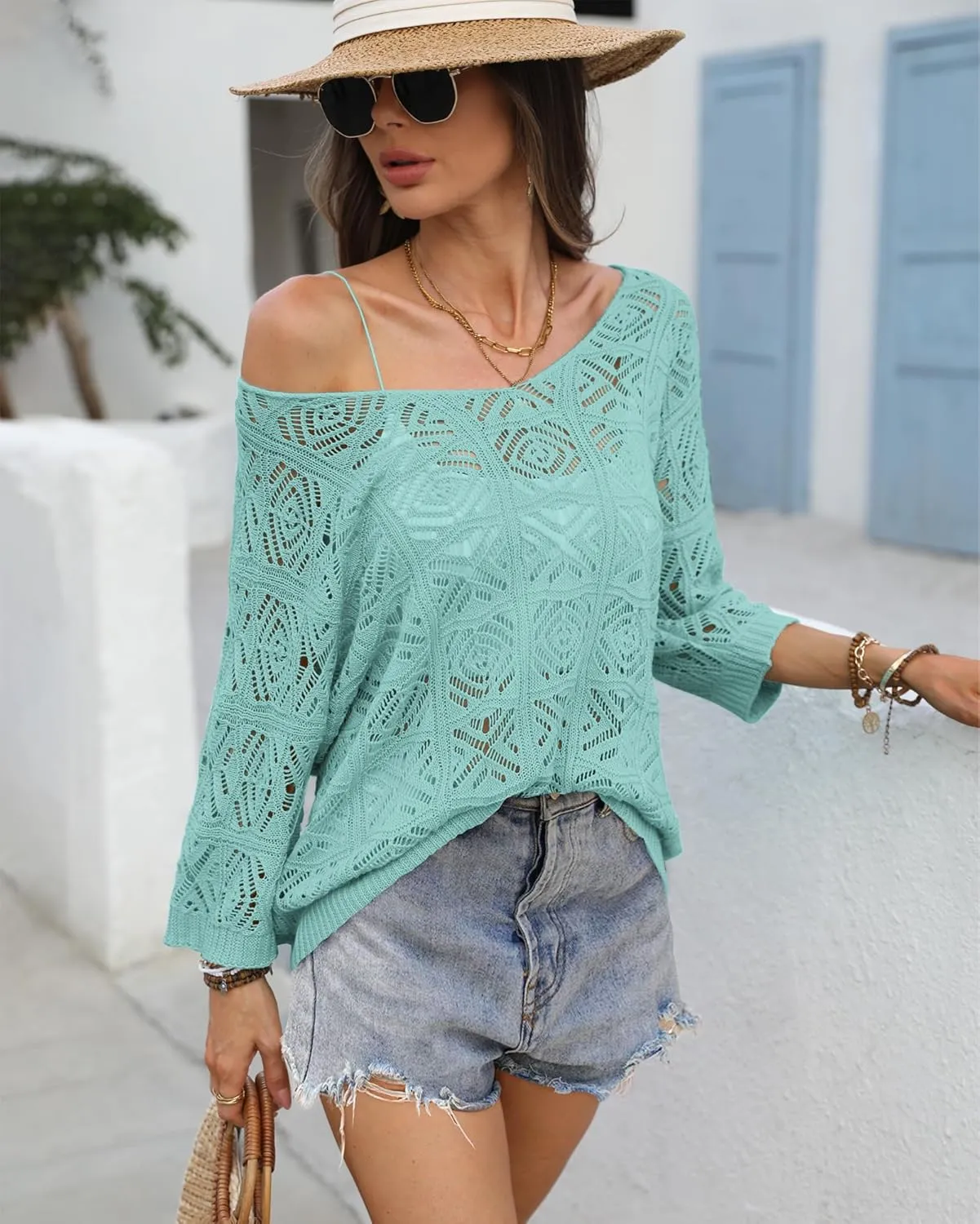 ATHMILE Women's 2025 Spring Summer Crochet Hollow Out 3/4 Sleeve Pullover Sweater Off Shoulder T-Shirts