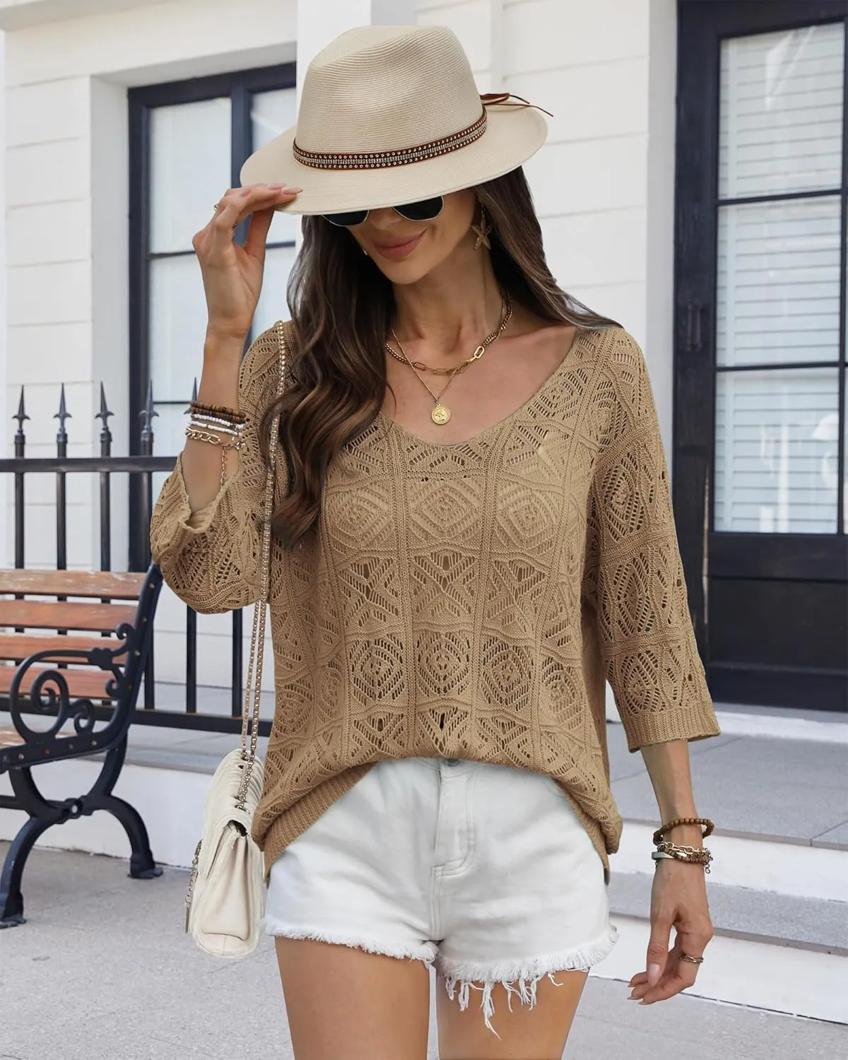 ATHMILE Women's 2025 Spring Summer Crochet Hollow Out 3/4 Sleeve Pullover Sweater Off Shoulder T-Shirts