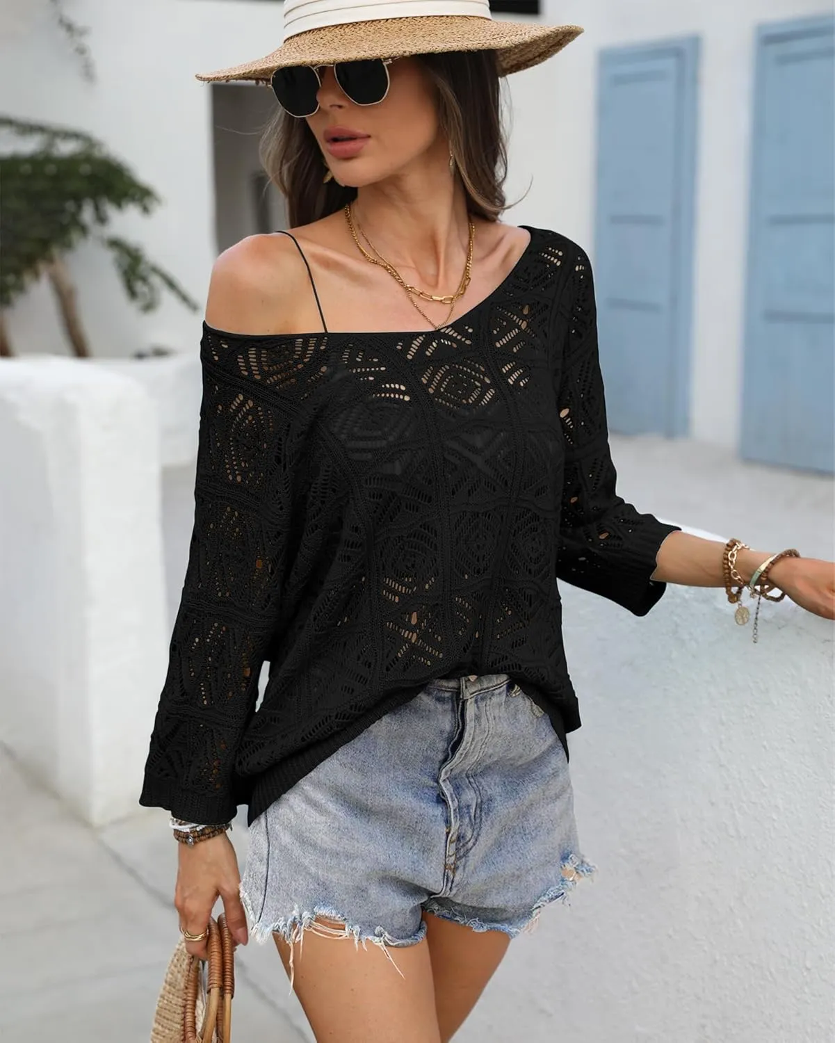 ATHMILE Women's 2025 Spring Summer Crochet Hollow Out 3/4 Sleeve Pullover Sweater Off Shoulder T-Shirts