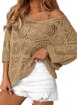 ATHMILE Women's 2025 Spring Summer Crochet Hollow Out 3/4 Sleeve Pullover Sweater Off Shoulder T-Shirts