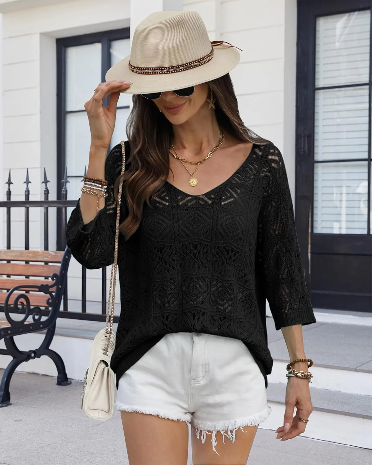 ATHMILE Women's 2025 Spring Summer Crochet Hollow Out 3/4 Sleeve Pullover Sweater Off Shoulder T-Shirts