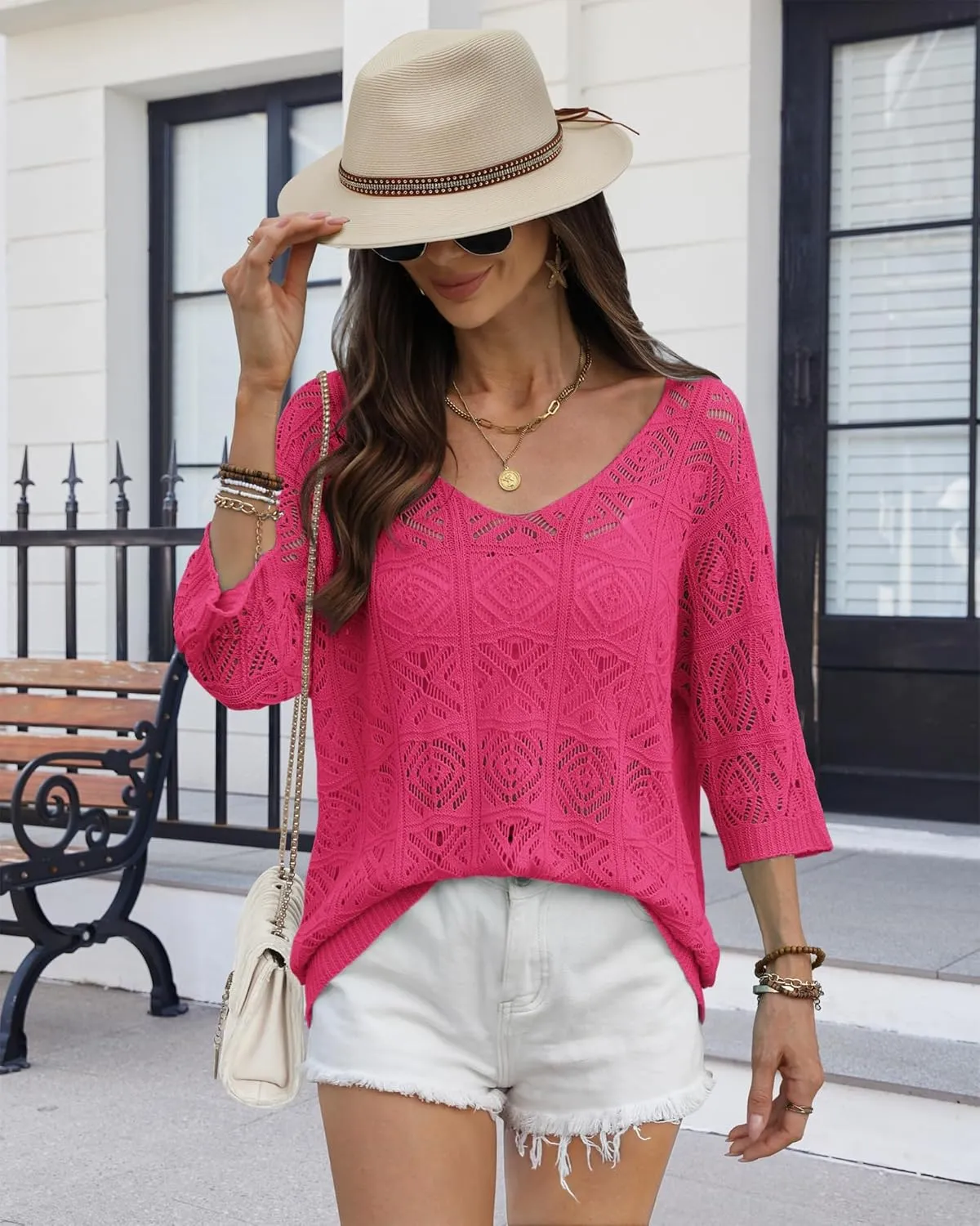 ATHMILE Women's 2025 Spring Summer Crochet Hollow Out 3/4 Sleeve Pullover Sweater Off Shoulder T-Shirts