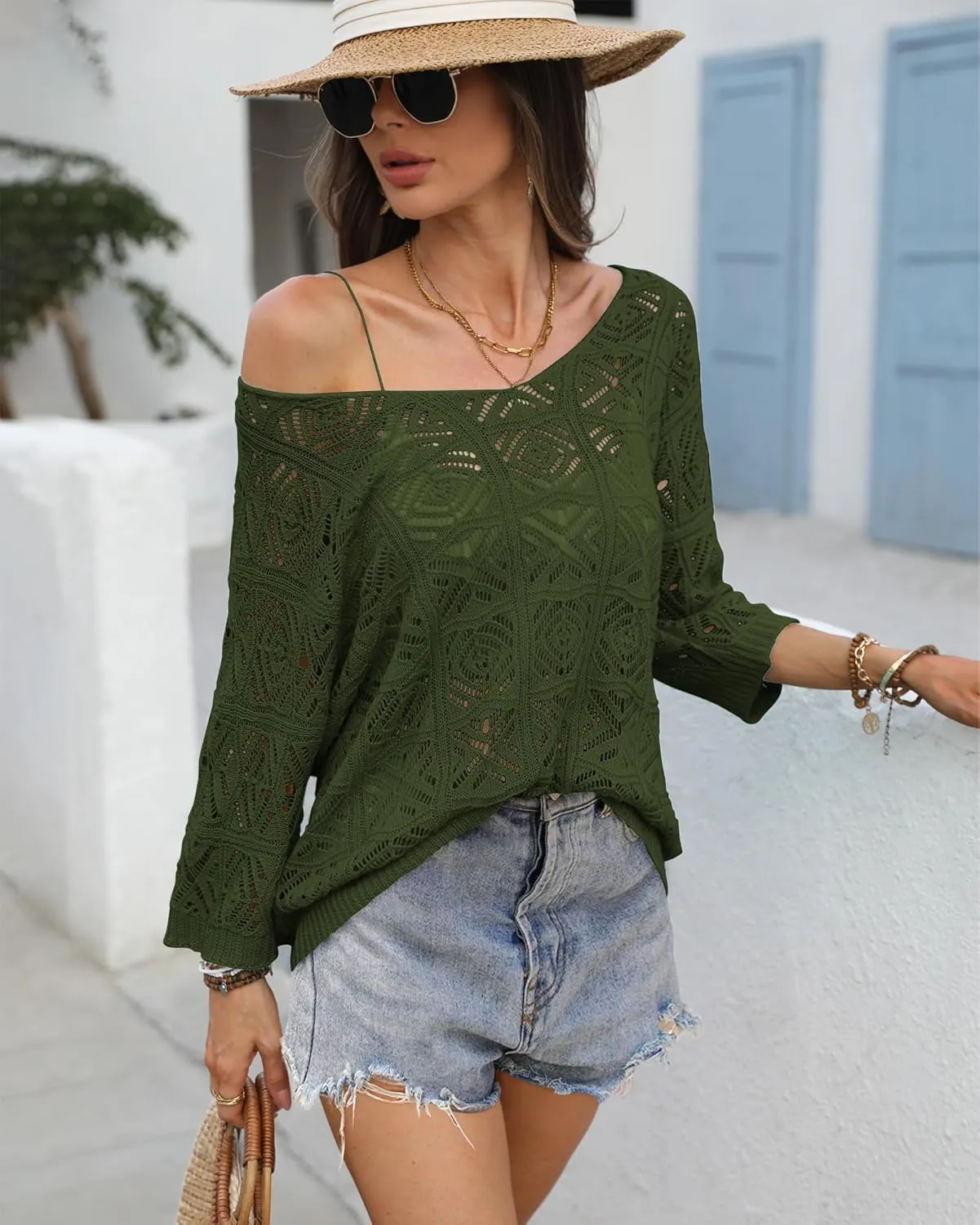 ATHMILE Women's 2025 Spring Summer Crochet Hollow Out 3/4 Sleeve Pullover Sweater Off Shoulder T-Shirts