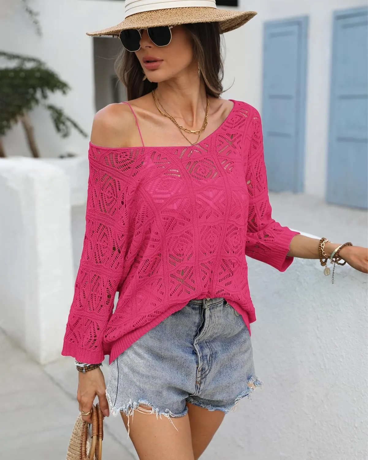 ATHMILE Women's 2025 Spring Summer Crochet Hollow Out 3/4 Sleeve Pullover Sweater Off Shoulder T-Shirts